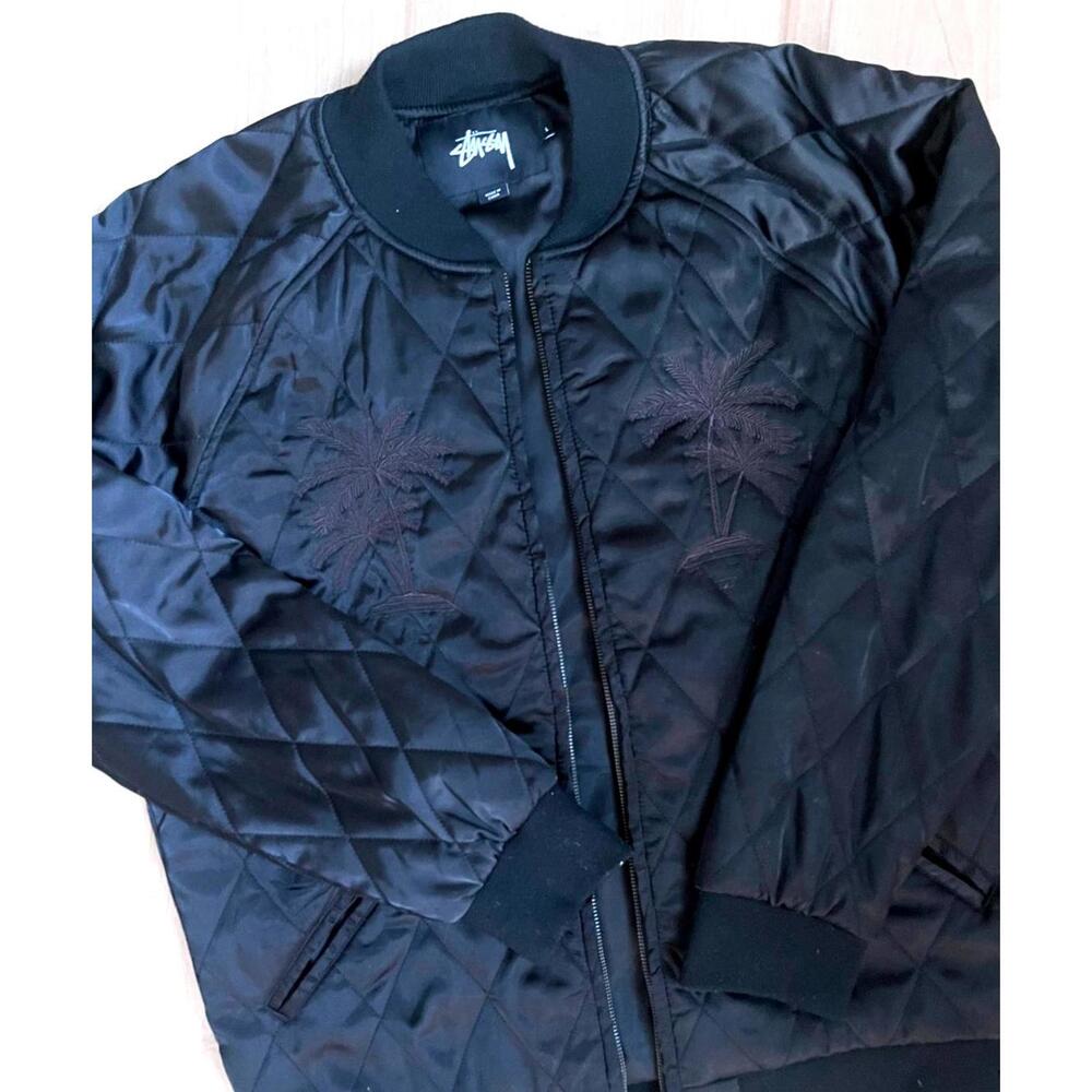 Stussy Satin Quilted Palm Tree Embroidery Bomber Jacket Mens Large Black - Picture 4 of 4